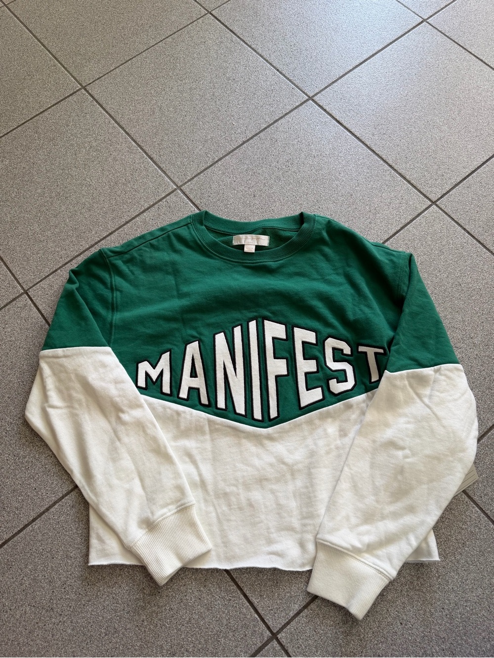 Spiritual Gangster Green and White 'MANIFEST' Colorblock Crewneck